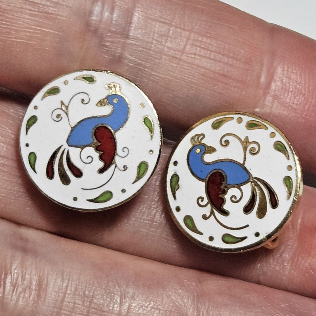 Vintage Enameled Round Peacock Clip On Earrings Cloisonne Blue White